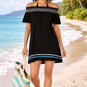 Miken Juniors Off-The-Shoulder Swimsuit Cover-Up Dress Black XS NWT Embroidered